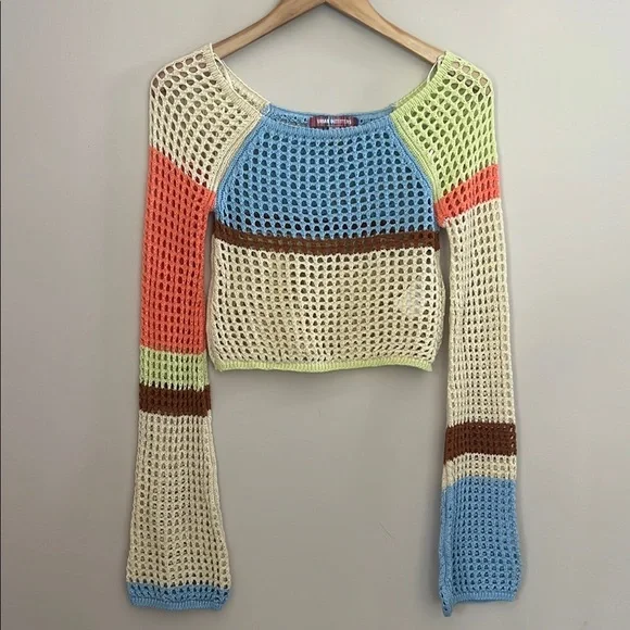 Urban Outfitters Chloe Cropped Open-knit Sweater Y2K Color Block Crochet | M - Picture 3 of 9